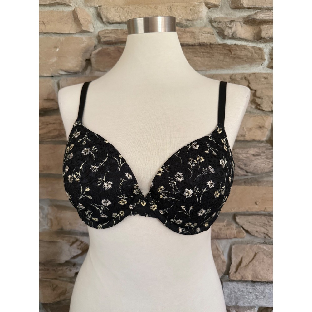 Victoria's Secret PINK Wear Everywhere T-Shirt Bra Black Floral Lace 36C 835643